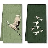 Yjeslw Japanese Crane Bird Kitchen Towels, Vintage Crane Green Hand Dish Towels Decor, Japanese Decor Tea Towel for Kitchen Bathroom Decorative, Bird Lovers Gifts for Women, 16x24 Inch Set of 2