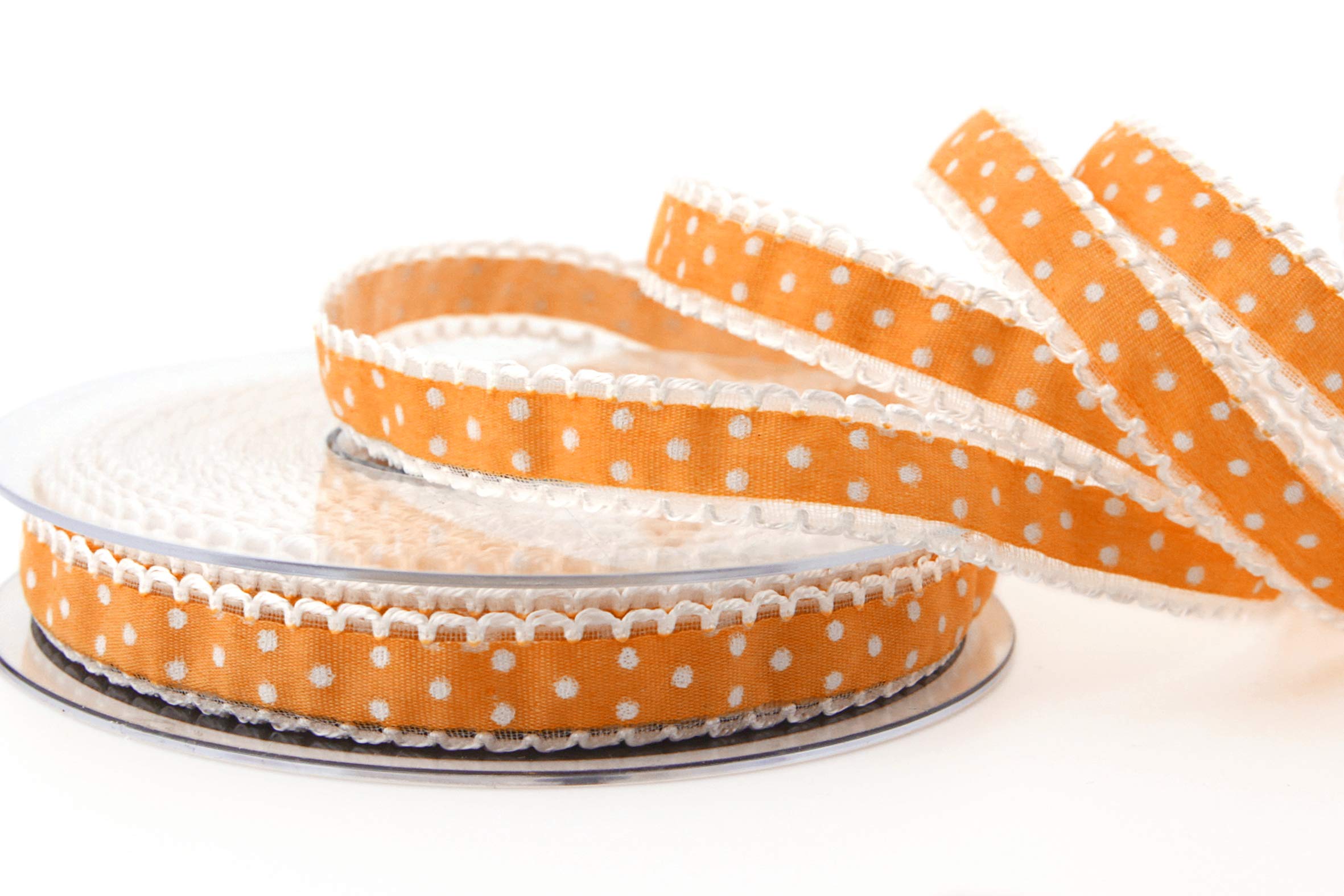 finemark 20 m x 15 mm Emily Orange Polka Dot Lace Edge Ribbon for Sewing Decorating Gift Ribbon Vintage Country House
