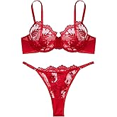 Foxiny Sexy Leaf Floral Embroidered Underwire Mesh Sheer Lingerie Set 2 Pieces Outfits