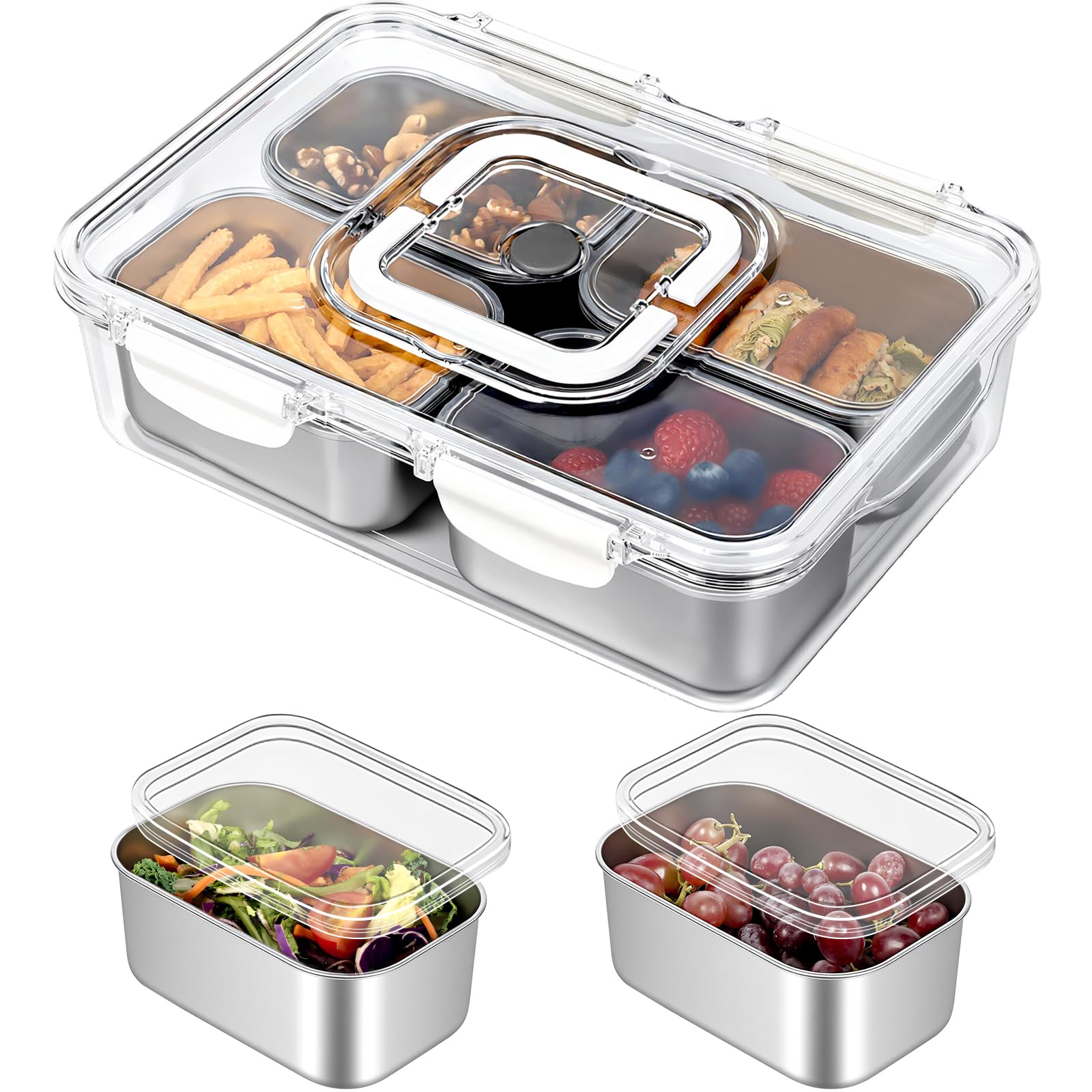 Photo 1 of Freshmage Snackle Box Container, Stainless Steel Divided Serving Snack Tray with Lid and Handle, 4 Compartment Portable Snack Platters for Road Trip, Beach, Picnic, Ball Games, Pool and Parties