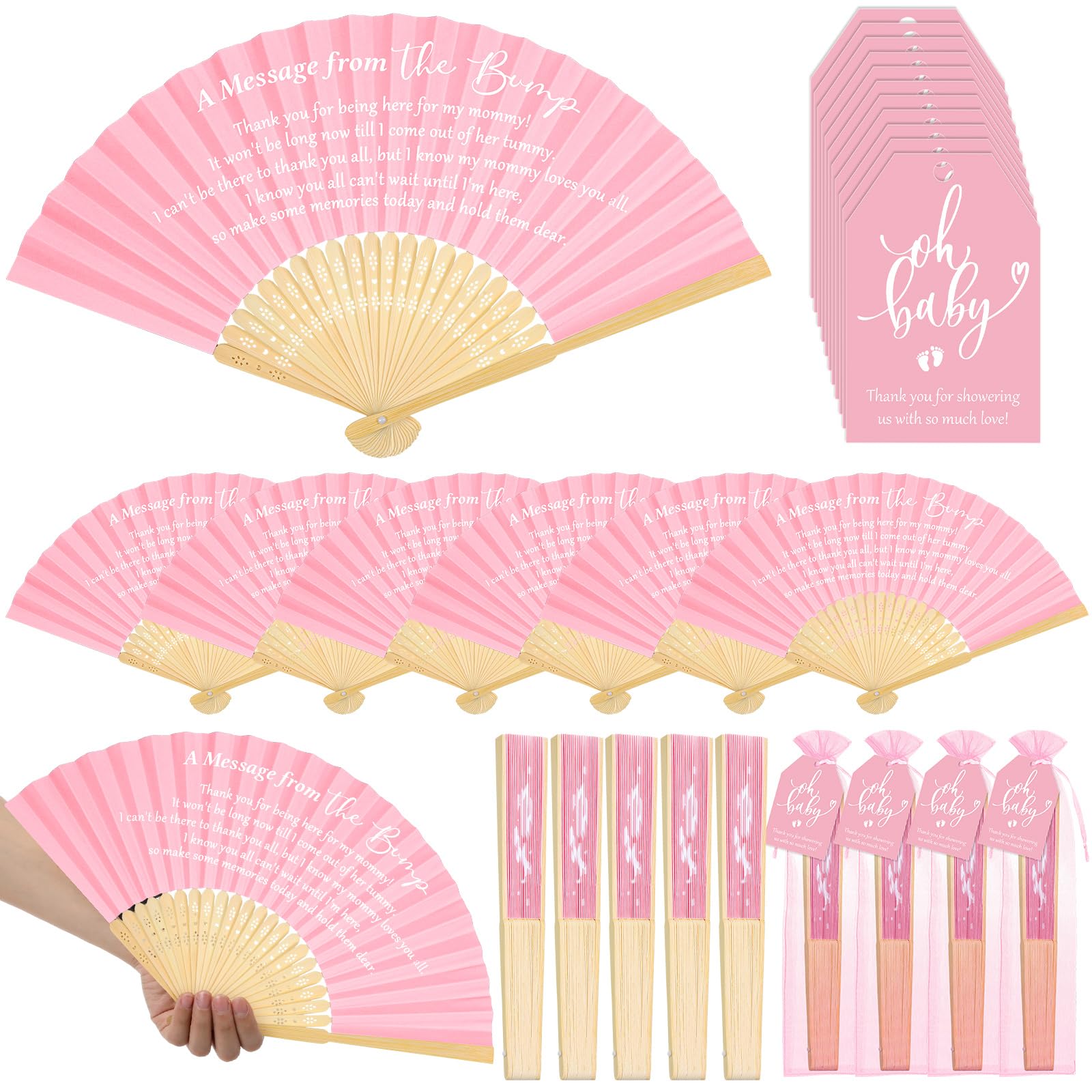 Photo 1 of Threehoney 25 Set Baby Shower Favors for Guests Pink Folding Paper Fans a Message from the Bump Favors Bamboo Fans with Thank You Tags Handheld Pink Fans Baby Shower Party Favor for Girl Gender Reveal