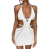 Women's Halter Bodycon Mini Dress Sleeveless Tie Backless Hollow Out Corset Knit Wrap Beach Dress Summer 2025