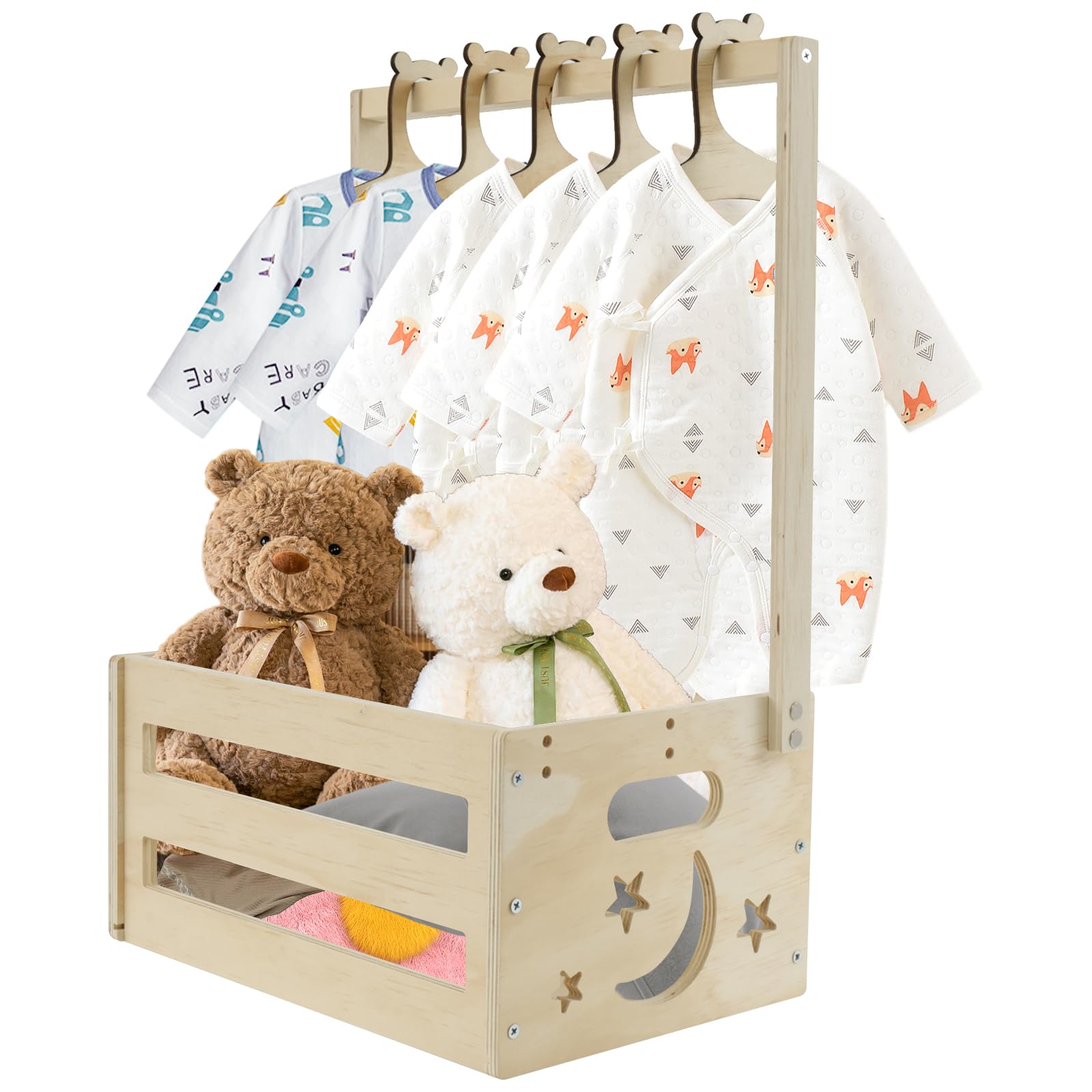 Baby Shower Crate Closet with 5 Hangers Wooden Baby Basket Baby Clothes Rail Baby Hamper Decorative Basket Storage Crate with Hanging Rail Baby Clothes Rack for Baby Shower Pregnancy New Parent Gifts
