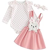 Thilsidee Newborn Baby Girl Easter Outfits Long Sleeve Dot Print Ruffle Romper Rabbit Suspender Skirt Overall Dress Set 0-18M