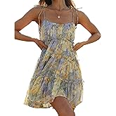 kinstell Women's Boho Spaghetti Strap Ruffle Square Neck Bowknot Backless Sleeveless Elegant Flowy Mini Short Skater Dresses