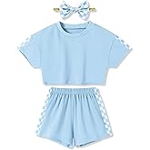 SANMIO Toddler Girl Clothes Summer 3 Piece Outfits Cute Short Sleeves Checkered Tops Shorts and Headband Girls Clothing Set