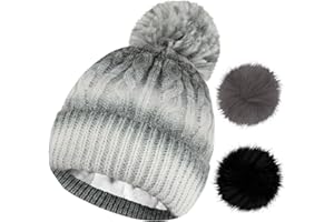 BROMZ Kids Toddler Winter Beanie Hat with Pom Pom, Girls Warm Fleece Lined Knit Ski Cap for 2-6 Years, 2 Replaceable Pom Poms