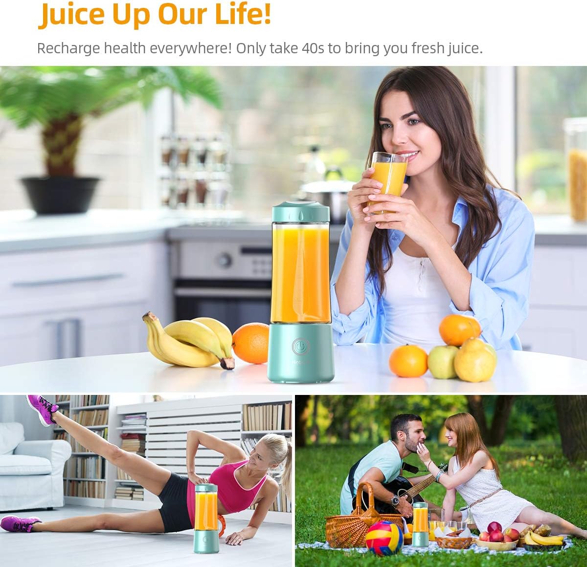[2020 Upgraded Version]Hotsch Portable Blender, Personal Size Blender Juicer Cup for Juice Crushed Ice Smoothies and Shakes, 4001mAh USB Rechargeable with Six Blades, Mini Blender for Sports, Office, Travel, Gym and Outdoors: Kitchen & Dining