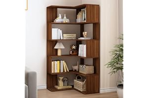 IOTXY 6-Tier L-Shaped Corner Bookshelf - 66" Tall Wooden Freestanding Bookcase with Open Shelf Units, Walnut
