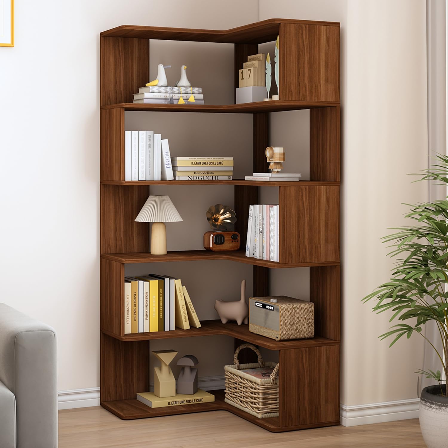 Photo 1 of IOTXY 6-Tier L-Shaped Corner Bookshelf - 66" Tall Wooden Freestanding Bookcase with Open Shelf Units, Walnut