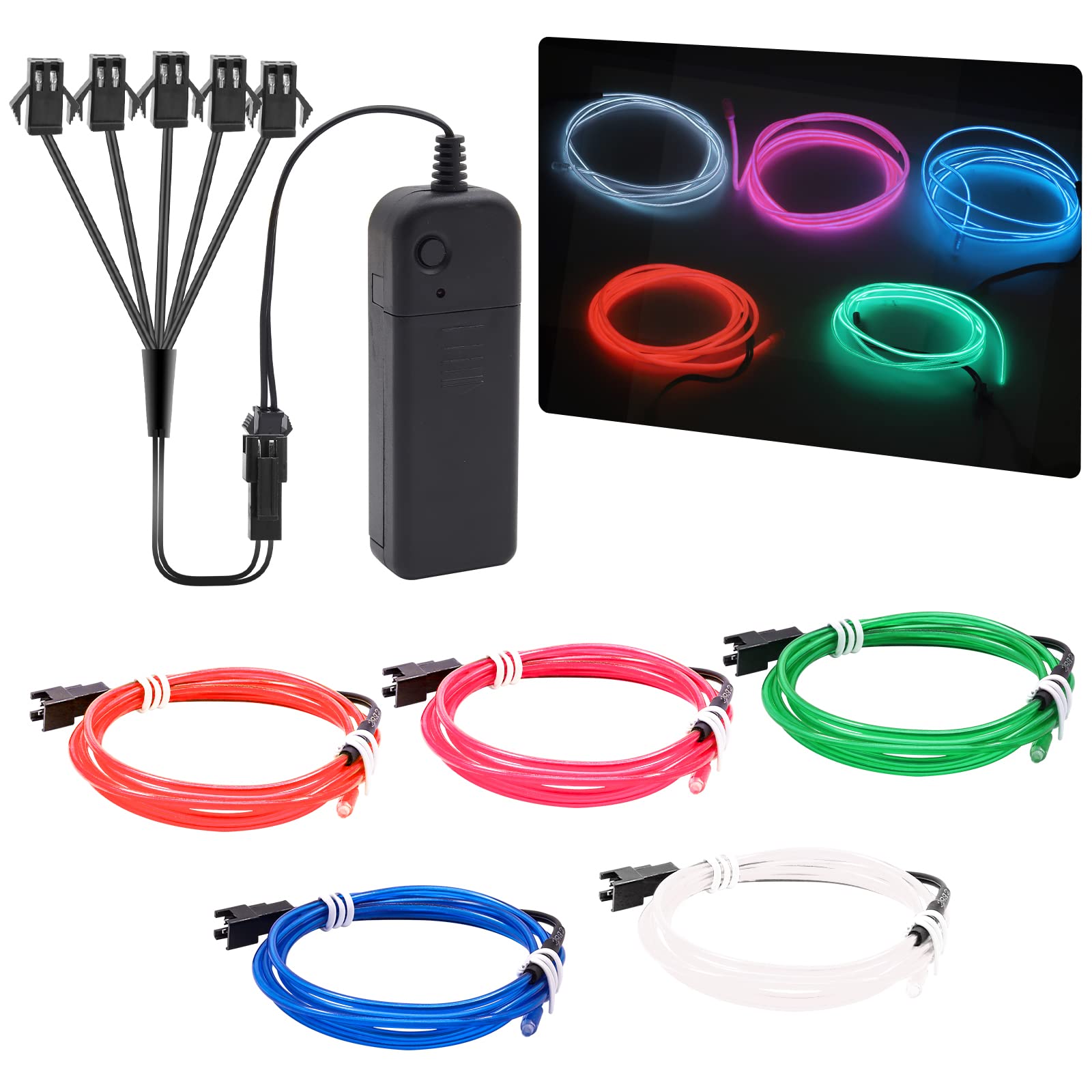 NWpangu EL Wire Neon Lights, 5 in 1(3.28Ft Each) Electroluminescent EL Wires Set for Holiday, Party, DIY Decoration, Warning Sign,5 Color(3 Operation Modes)