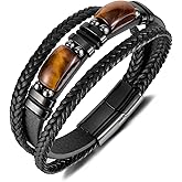 Udefwl Tiger Eye Bracelet for Men,Men Braided with Tiger Eye Stone Black/Brown Leather Bracelet Multi-Strand Design Stainless Steel Clasp 21cm/8.26"