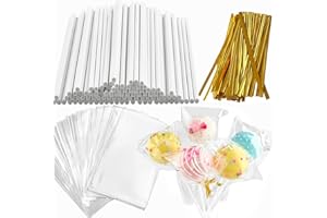 JOERSH 360pcs Cake Pop Sticks and Wrappers Ties Kit, Including 120ct 6-inch Paper Lollipop Stick, 120ct Cake Pop Parcel Bag, 120ct Gold Twist Tie for Candy Making Packaging Supplies