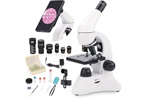 USCAMEL Microscope for Adults Kids, 40X-2000X Compound Biological Monocular Microscope Kit for Kids Students Beginners Lab Home School Education - w/Slides Set, Phone Adapter, Power Adapter (White, Metal)