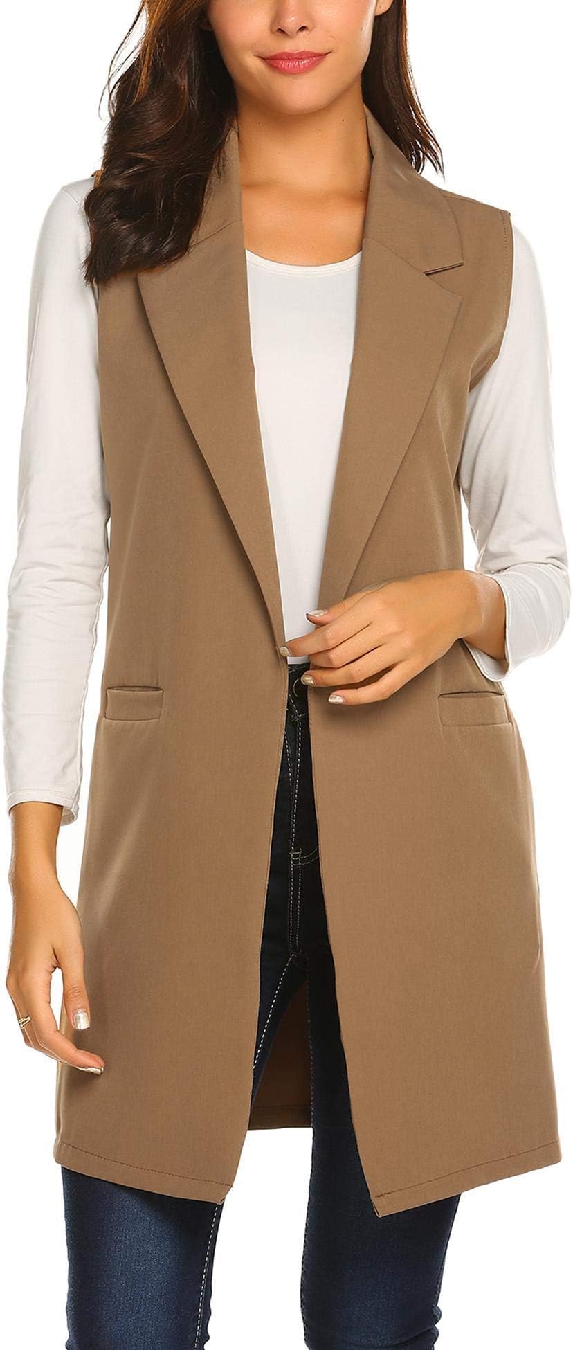 Women's Long Sleeveless Duster Trench Vest Casual Lapel Blazer Jacket
