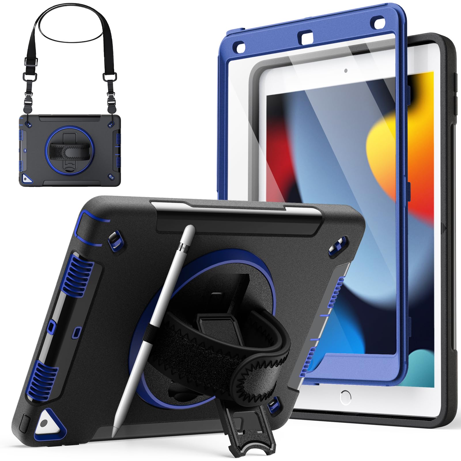 JETech Case for iPad 10.2-Inch (9th/8th/7th Generation, 2021/2020/2019) with Built-in Screen Protector, Protective Shockproof Rugged Tablet Cover, 360° Rotating Hand Strap Stand (Navy) — image 1