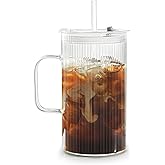 Puraville 25oz Glass Cups with Lids and Straws, High Borosilicate Ribbed Drinking Glasses Tumbler with Handle for Iced Coffee, Glassware Mason Jar Smoothie Cup for Long Drinks