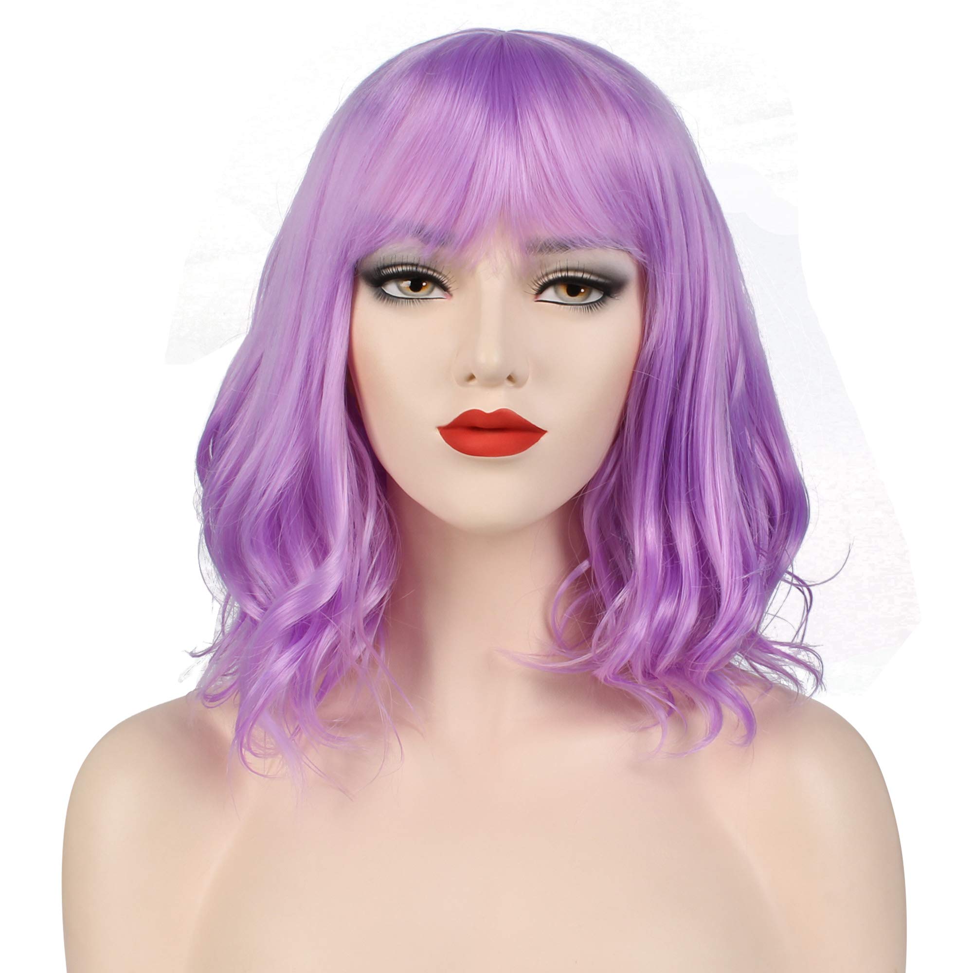 OKVGO Short Curly Bob Wig with Wig Cap for Women Cosplay Party and Daily Use Light Purple