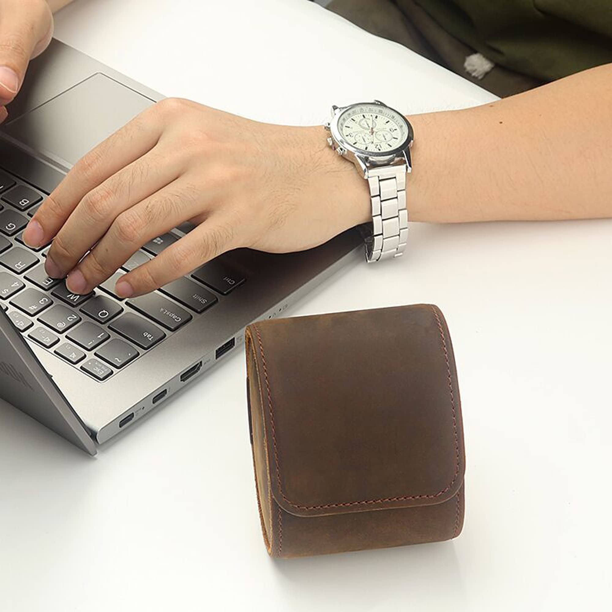 LONGJET CRAFTING THE CORE LJ Longjet Watch Roll Travel Case for Men Portable Watches Organizer Box with Removable Velvet Pillow Holder (1 Slot Coffee/Genuine Leather)