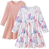 yccvoo Girls Long Sleeve Dress: 2-Pack Soft Ribbed Ruffles Unicorn Print Toddler Girl Dresses for Casual Birthday Party 2-7Y