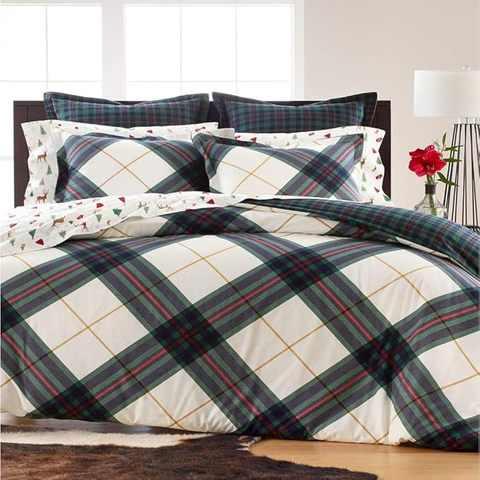 1 Piece Flannel Duvet Cover Queen All Over Plaid Pattern