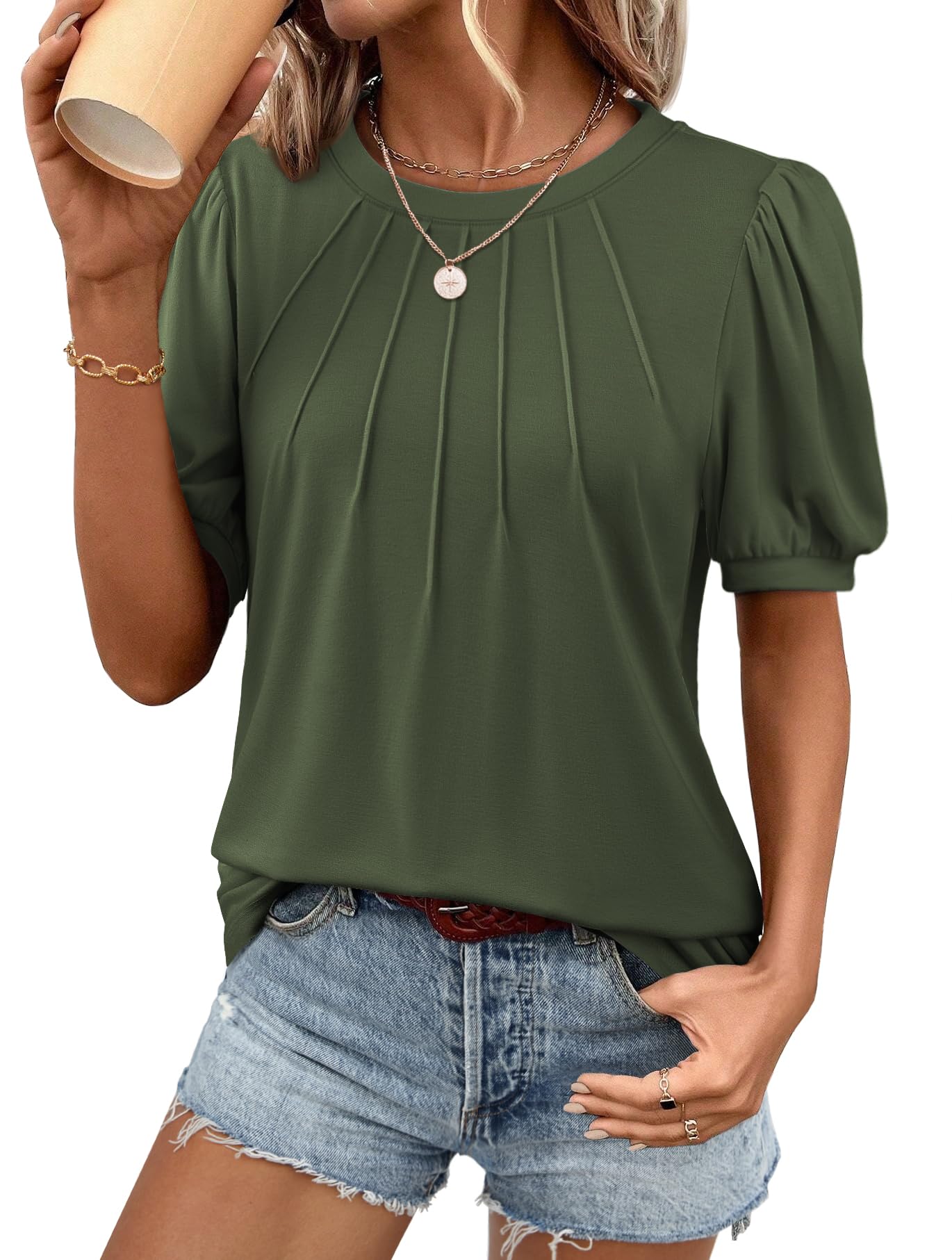 Photo 1 of ATHMILE Womens Cute Summer Tops Puff Short Sleeve Shirts Dressy Blouses Trendy Business Casual Outfits ArmyGreen M
