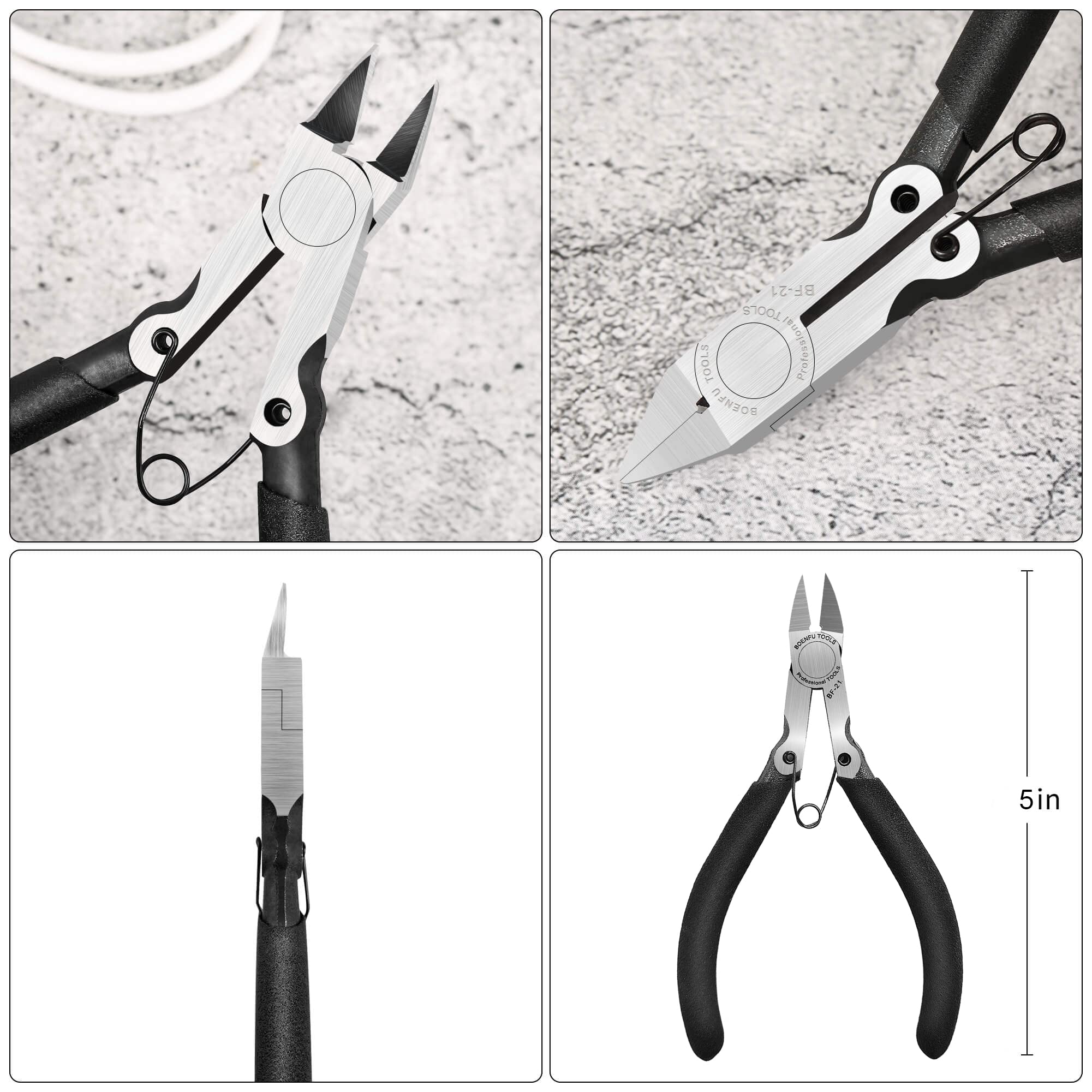 BOENFU 5-inch Precision Flush Cutters - Multi-functional Wire Snips, Ideal for Electronics, Sprue Cutting, and All Precision Cutting Tasks