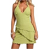 SHENHE Women's Sexy Halter Deep V Neck Backless Mini Dress Layered Bodycon Y2k Party Dress