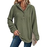 Lallabai Hoodies Sweatshirt for Women Waffle Long Sleeve Oversized Sweaters Drawstring Button V Neck Casual Pullover Tops