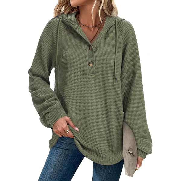 Ahdbta Hoodies For Womens Waffle Knit Long Sleeve Drawstring Pullover Sweatshirts Button V Neck Casual Hooded Blouses - View #12