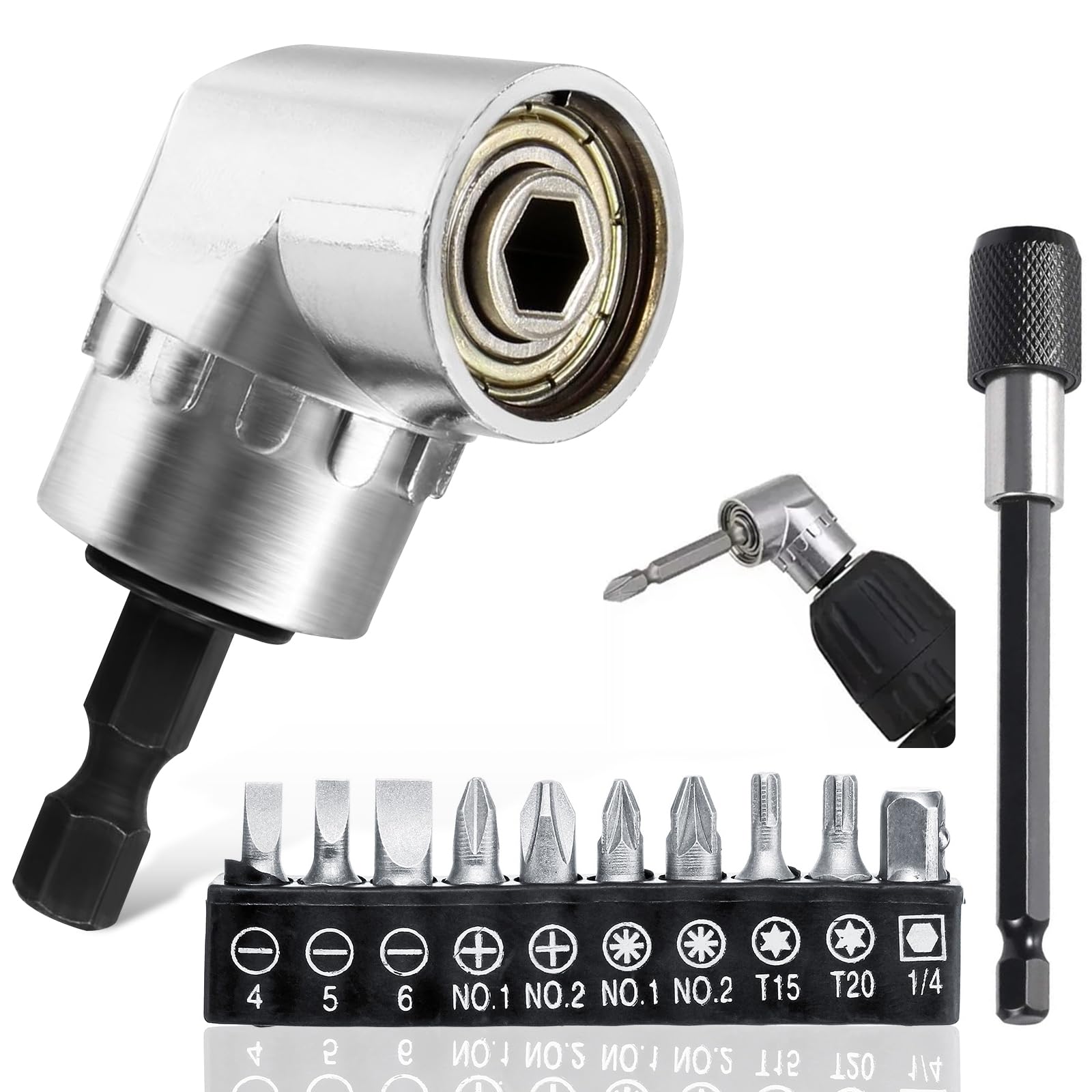 Vakki 12 Pack 105 Degree Right Angle Drill Attachment with 10cm Magnetic Extension Bit Holder and 10 Screwdriver Bits Set, 1/4-inch Hex Bit Socket Screwdriver Holder Adaptor for Tight Corner Workspace