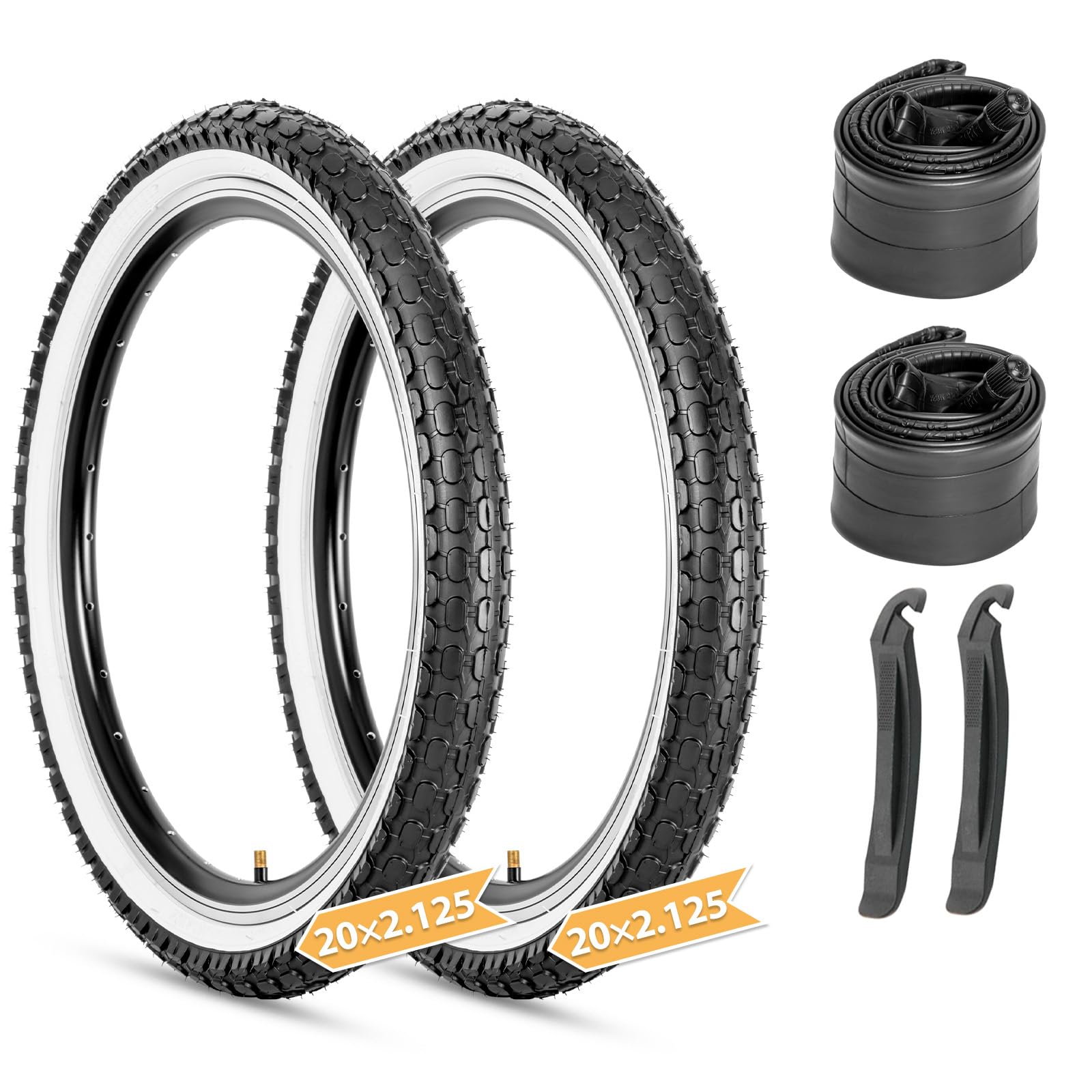 Photo 1 of 2-Pack Kids Bike Tires Set: Hycline 20x2.125 Inch (57-406 mm) Folding Replacement Puncture-Resistant Bicycle Tires and Pair Inner Tubes with Tire Levers for Beach Urban City Commuter Bike-White