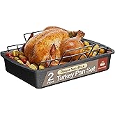 BAKKEN Nonstick Turkey Roasting Pan with Rack – Large Heavy-Duty Carbon Steel Roaster with Wide Handles, Ideal for Roasting, Baking & Grilling, Oven Safe up to 450°F, Gray Marble Finish 17 x 13-Inch