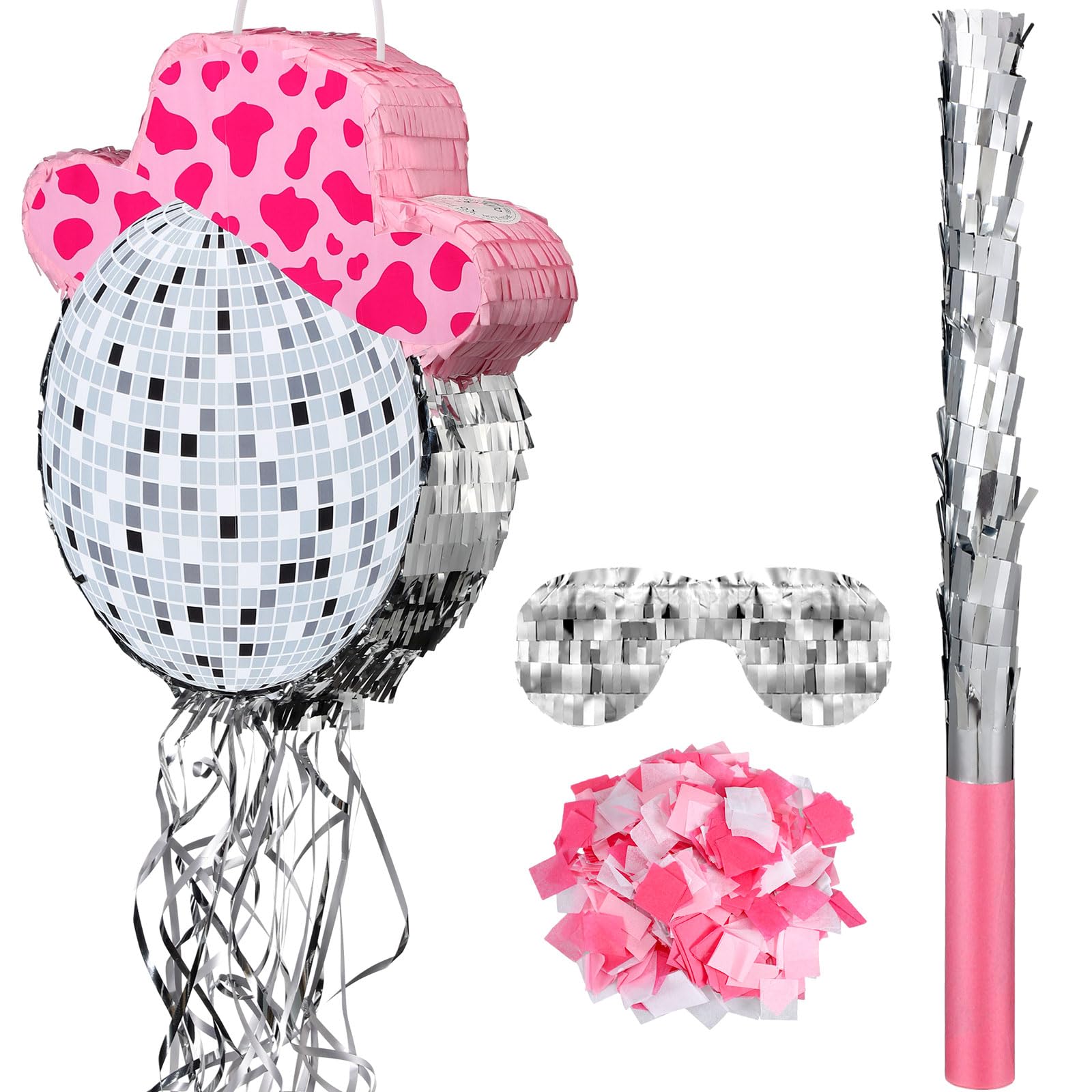 Photo 1 of Sratte Disco Ball Piñata Cute Hat Disco Ball Party Supplies Piñata with Blindfold and Bat Theme Decorations for Birthday Fiesta Party Supplies (12.8 x 13.78 Inch)
