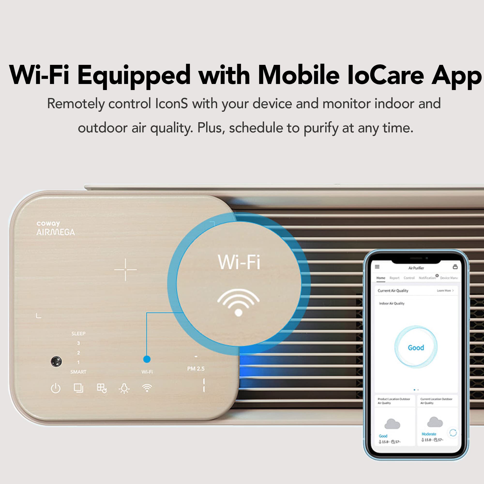 COWAY Air Purifiers for Home Up to 1,298ft², Washable Pre-Filter and True HEPA Filter for Smoke, Allergies, Pet Dander, Odor, AQI, App Control, Smart Mode, Wireless Charger, Timer, 5yr Warranty, IconS