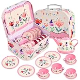 Fairy Toona Tea Party Set for Little Girls, 15 Pcs Floral Tea Time Toy | Tea Sets for Toddlers 3-5, Pretend Tin Teapot Set with Teapot, Cups, Plates, Carrying Case, Birthday Gift for Girls