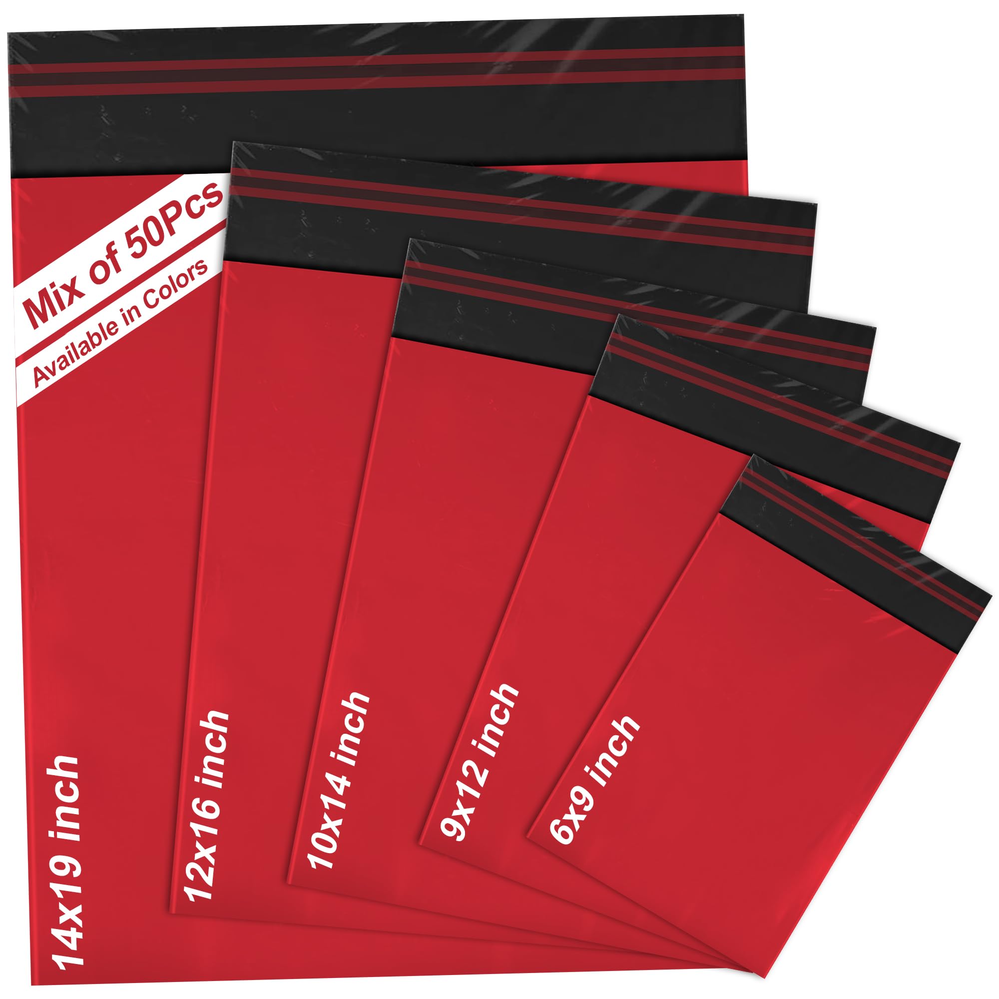 iSOUL 50 Mixed Mailing Poly Postal Self Seal Bags 5 Sizes 10 from Each Postage Packaging Assorted Mailers Red