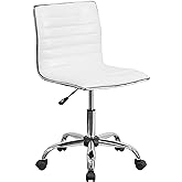 Flash Furniture Alan Low-Back Ribbed Upholstered Vinyl Swivel Desk Chair with Padded Seat, Modern Adjustable Height Padded Office Chair, White