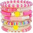 Heishi Surfer Bracelets Set, Colorful Preppy Bracelet Heart Star Stretch Beaded Bracelets Evil Eye Beaded Bracelets Stackable Boho Y2K Pearl Bracelets Set Clay Polymer Bead Aesthetic Bracelets Beach Layering Bracelet Jewelry for Women