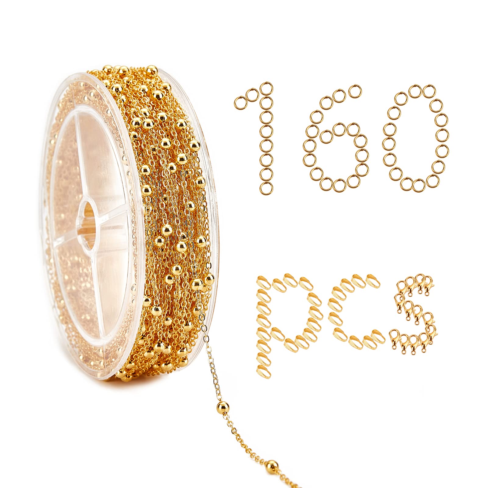 SUNNYCLUE 39 Feet 12M Ball Chains Satellite Chains with Beads Cable Link Craft Chain Findings & Brass Jump Rings & Lobster Clasps & Pinch Bails for Necklaces Bracelets Jewelry Making, Golden