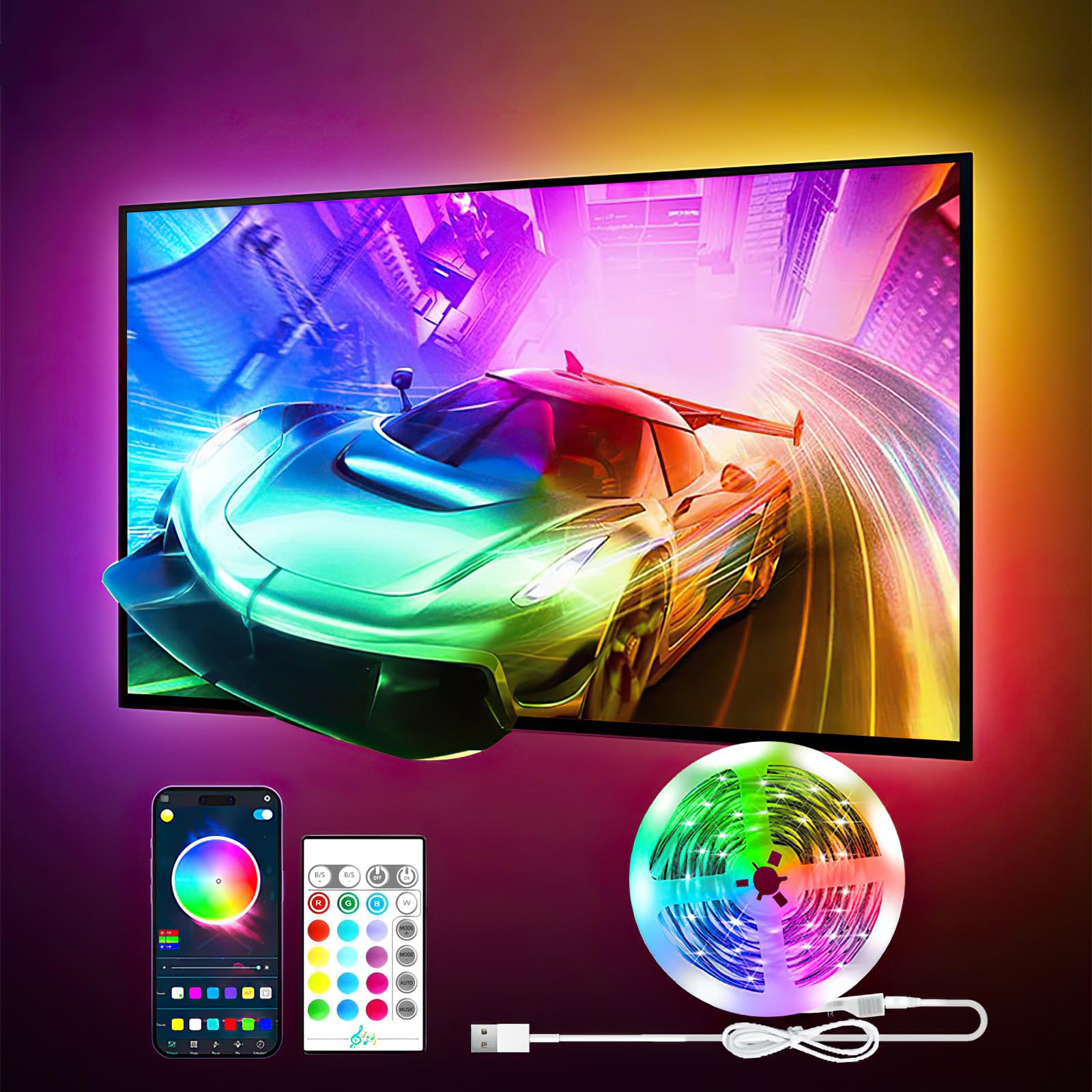 Melofo 5M LED Strip Lights RGB Color Changing TV Led Backlight Strip, USB Powered Bluetooth Smart APP Control, Music Sync Flexible with 24 Key Remote for 40-60 Inch TV Kitchen Bedroom Christmas DIY