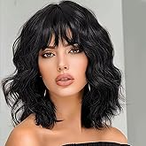 ENTRANCED STYLES Black Wig for Women Short Wavy Curly Bob Wigs with Bangs 14inch Medium Length Synthetic Chic Hair for Daily Party Wear