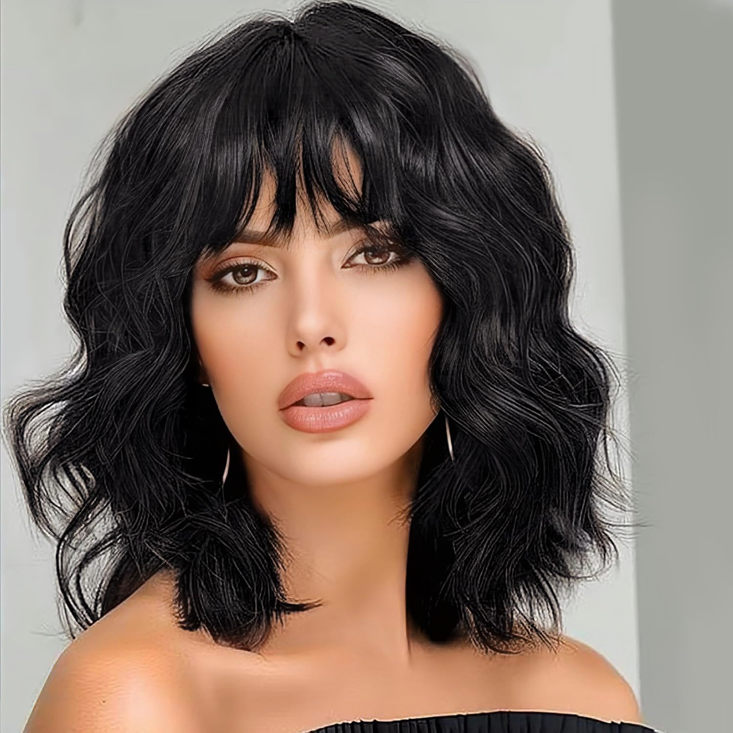 Photo 1 of ENTRANCED STYLES Black Wig for Women Short Wavy Curly Bob Wigs with Bangs 14inch Medium Length Synthetic Chic Hair for Daily Party Wear