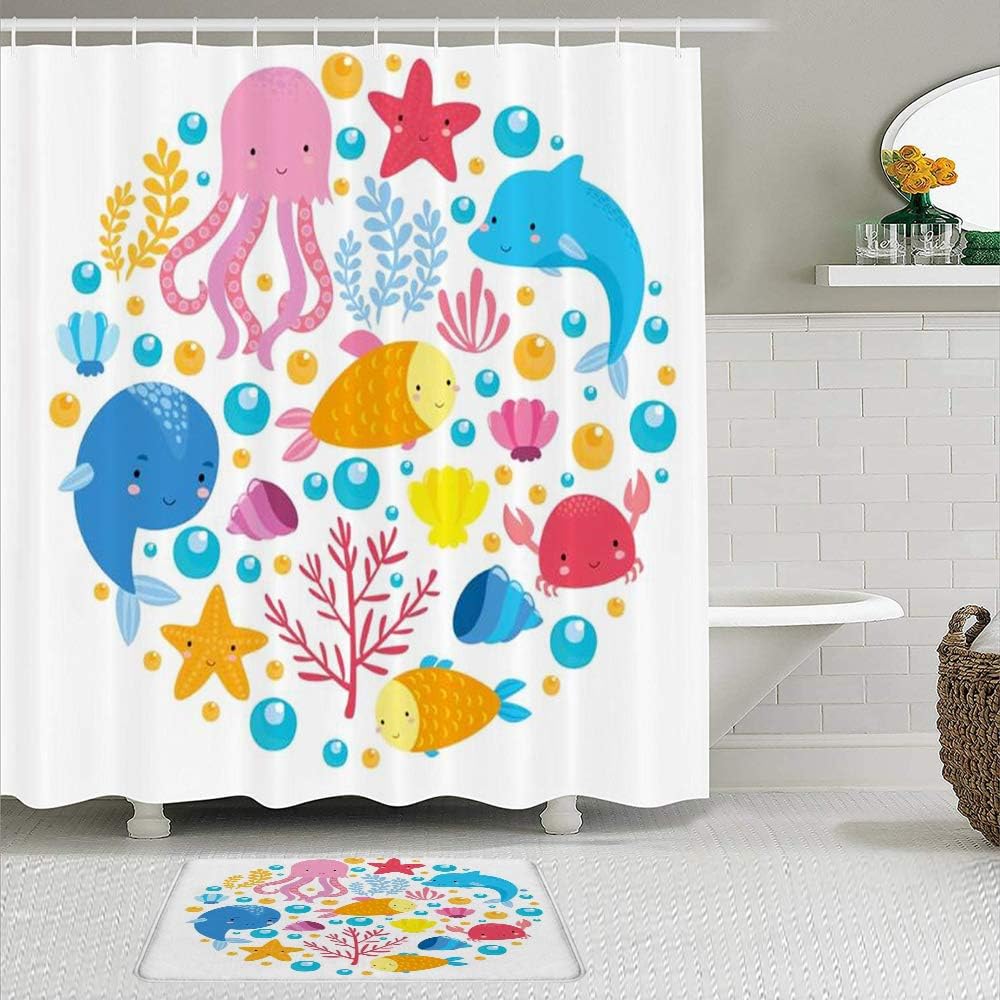 KISSENSU Badezimmer-Vorhang-Set,Korallen Unterwasserwelt Set Natur