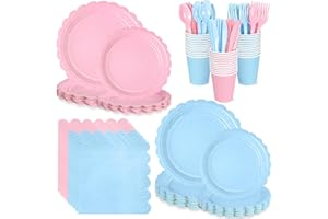 WNINK 168 PCS Light Pink and Blue Scalloped Plates and Napkins, Pink Disposable Plates Set with Napkins Cups Plastic Spoons Forks Knivesfor Baby Shower Gender Reveal Birthday Party Supplies Serve 24 Guests