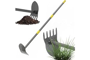 TIEMLET Garden Hoe, 17 to 45 Inch Hoe Garden Tools with Adjustable Handle Length, 2 in 1 Weeding Tool with 5 Tooth Rake, Hoe Garden Tool for Loosening Soil, Planting, Weeding