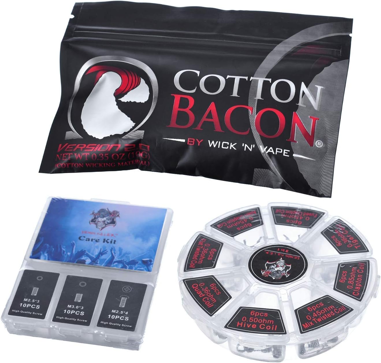 Coils, Cotton, Screwdriver - 48Pcs Prebuilt Coils 8 in 1 Kit,10 Pcs Organic Muscle Cotton Bacon for DIY Project,T-type Screwdriver Screws Kit with Cleaning Tool and 30Pcs Silicone Rings