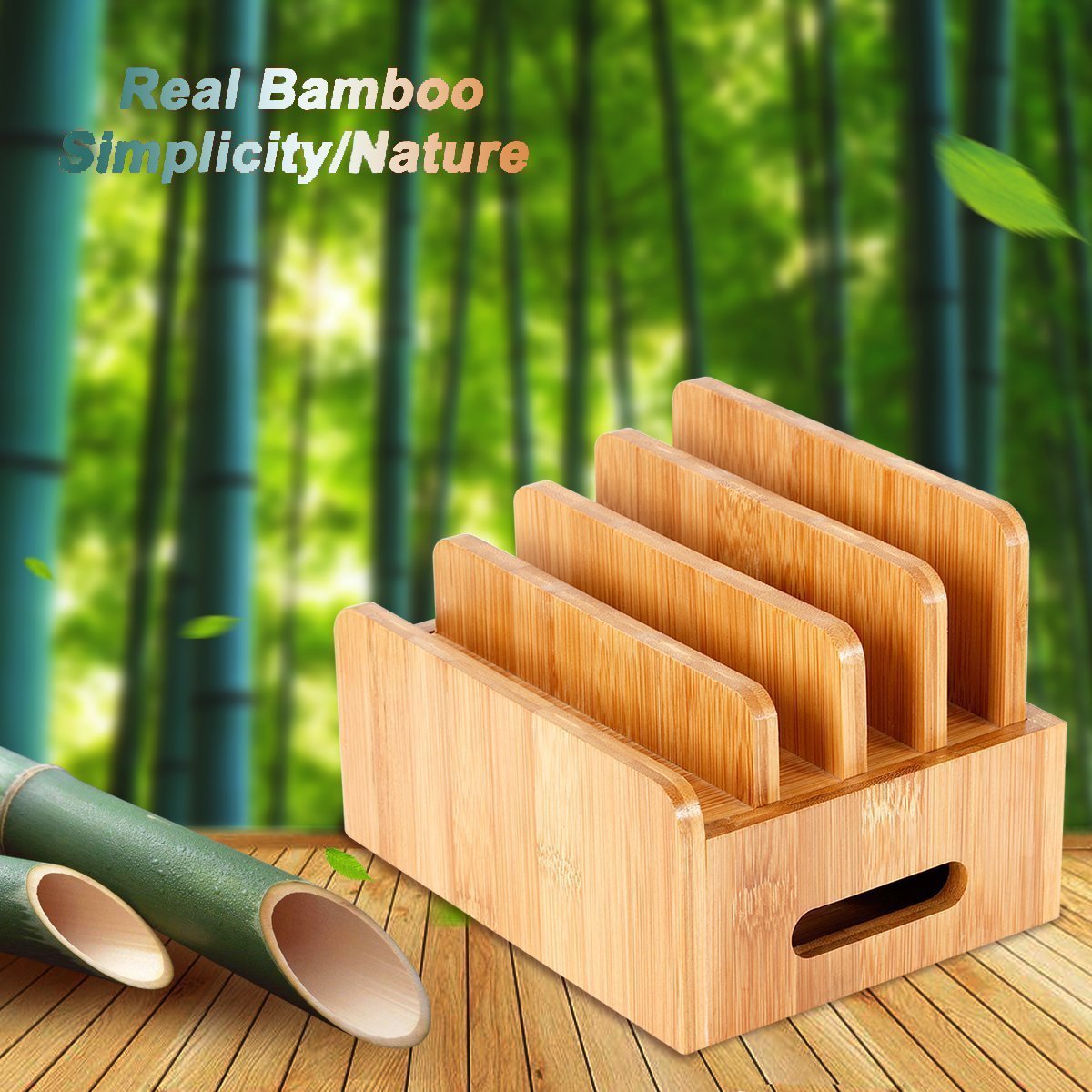 LENPOW Natural Bamboo Universal Charging Station Dock Stand Multi-device Organizer for Phones Pad Tablets Laptops - Strong Build ,Eco-Friendly