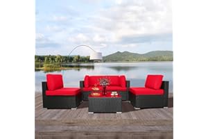 Excited Work 5pcs Patio Outdoor Furniture Sets,All-Weather PE Rattan Wicker Sectional Sofa with Washable Couch Cushions & Coffee Table (Red)