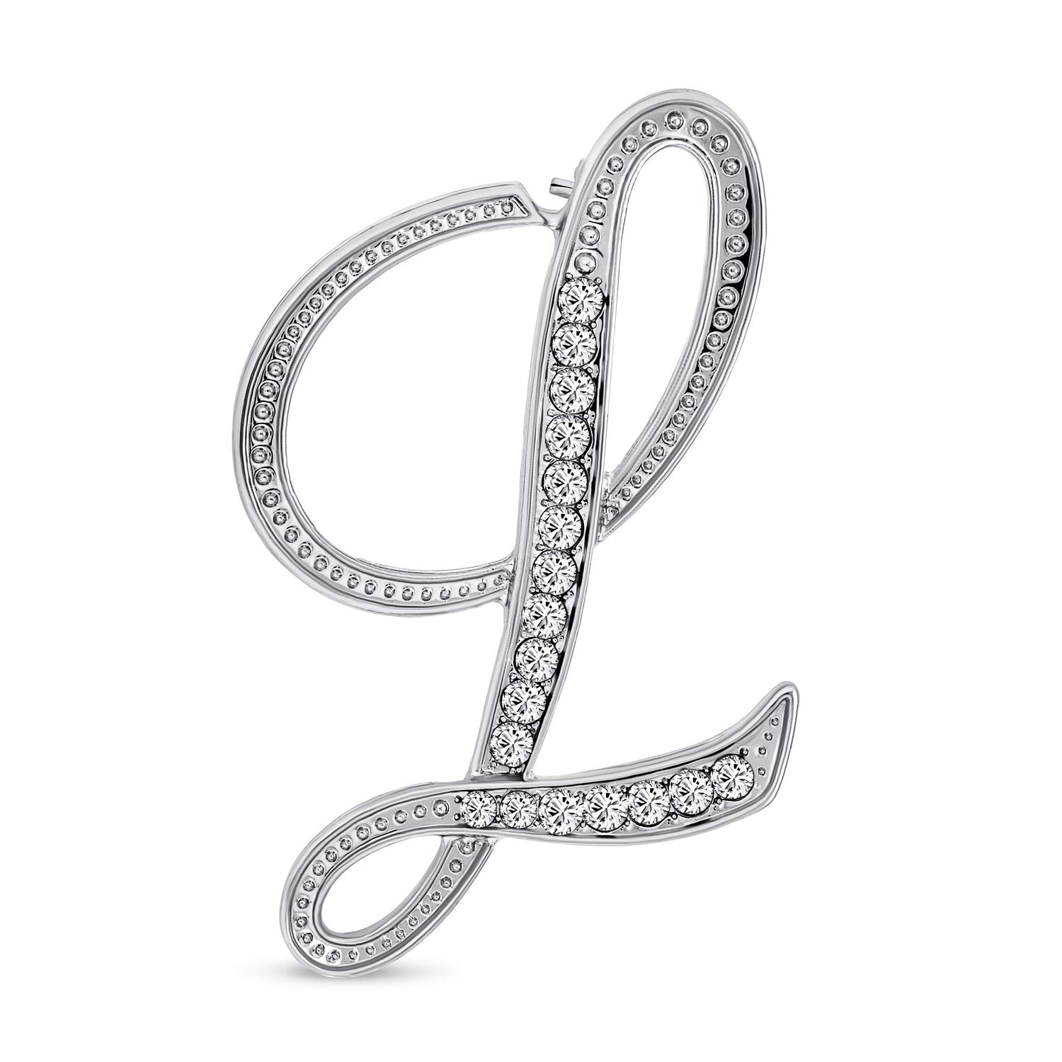 Large Statement ABC Pave Crystal Cursive Script Monogram Letters Alphabet Initial L Scarf Lapel Pin Brooch For Women Silver Plated